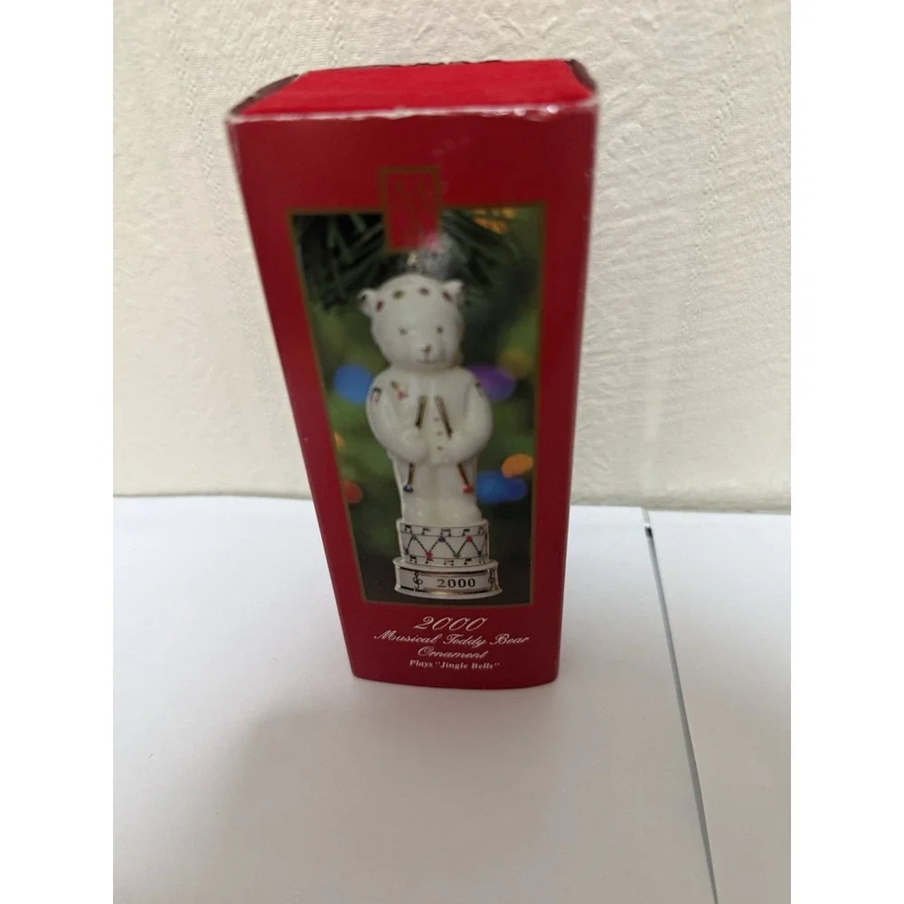 Vintage 2000 Musical Teddy Bear Ornament Plays Jingle Bells White Gold Drum Box